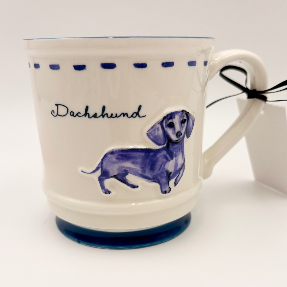 Dwell Studio Dachshund Ceramic Coffee Mug Blue White Embossed Dog Lover Doxie